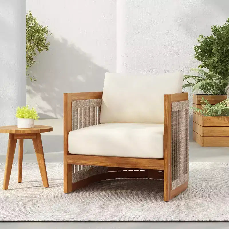Acacia Wood Outdoor Club Chair with Curved Tub Design, Woven Rope Accents, Water-Resistant Cushions, Slat Construction for Patio or Garden
