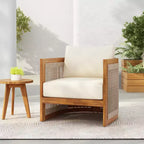 Acacia Wood Outdoor Club Chair with Curved Tub Design, Woven Rope Accents, Water-Resistant Cushions, Slat Construction for Patio or Garden
