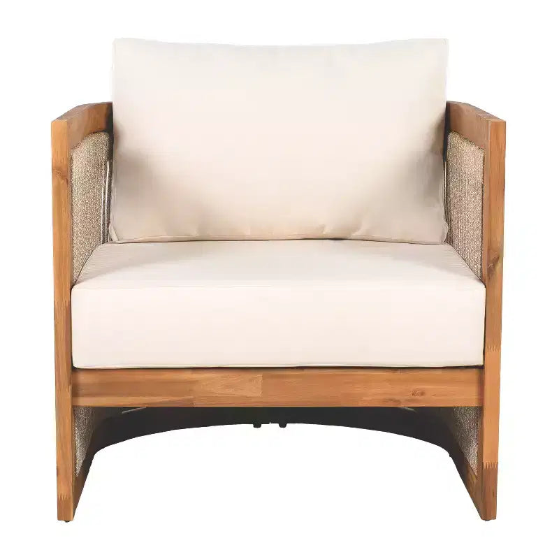 Acacia Wood Outdoor Club Chair with Curved Tub Design, Woven Rope Accents, Water-Resistant Cushions, Slat Construction for Patio or Garden