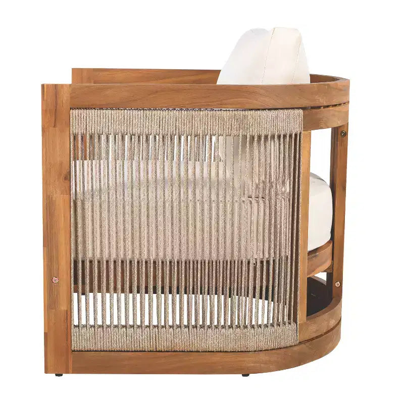 Acacia Wood Outdoor Club Chair with Curved Tub Design, Woven Rope Accents, Water-Resistant Cushions, Slat Construction for Patio or Garden