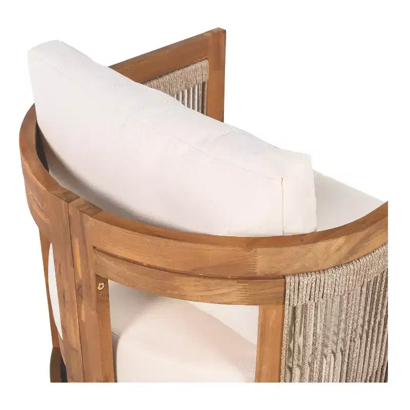 Acacia Wood Outdoor Club Chair with Curved Tub Design, Woven Rope Accents, Water-Resistant Cushions, Slat Construction for Patio or Garden