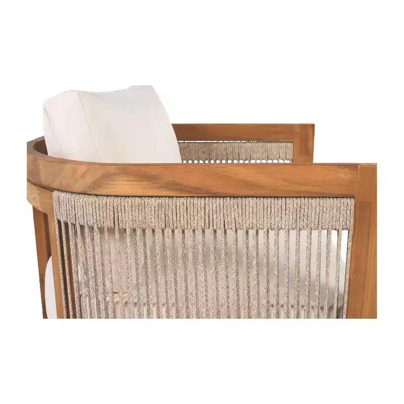 Acacia Wood Outdoor Club Chair with Curved Tub Design, Woven Rope Accents, Water-Resistant Cushions, Slat Construction for Patio or Garden