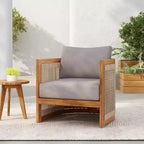Acacia Wood Outdoor Club Chair with Curved Tub Design, Woven Rope Accents, Water-Resistant Cushions, Slat Construction for Patio or Garden
