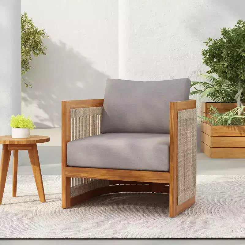 Acacia Wood Outdoor Club Chair with Curved Tub Design, Woven Rope Accents, Water-Resistant Cushions, Slat Construction for Patio or Garden
