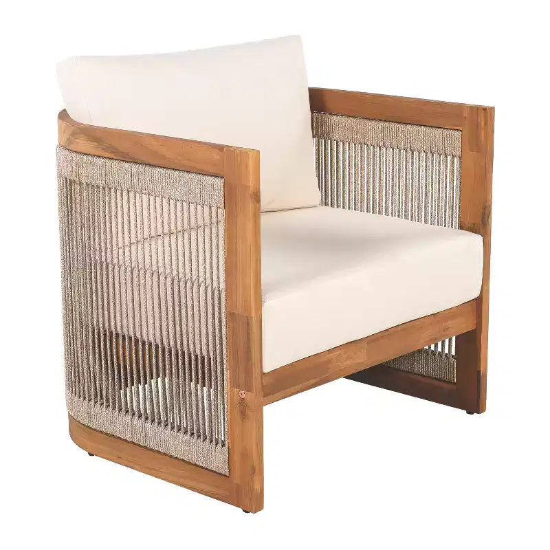 Acacia Wood Outdoor Club Chair with Curved Tub Design, Woven Rope Accents, Water-Resistant Cushions, Slat Construction for Patio or Garden