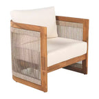 Acacia Wood Outdoor Club Chair with Curved Tub Design, Woven Rope Accents, Water-Resistant Cushions, Slat Construction for Patio or Garden