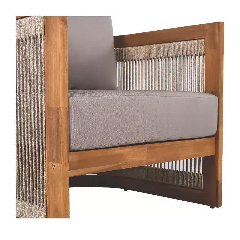 Acacia Wood Outdoor Club Chair with Curved Tub Design, Woven Rope Accents, Water-Resistant Cushions, Slat Construction for Patio or Garden