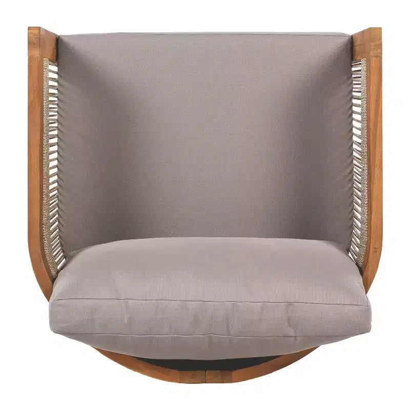 Acacia Wood Outdoor Club Chair with Curved Tub Design, Woven Rope Accents, Water-Resistant Cushions, Slat Construction for Patio or Garden