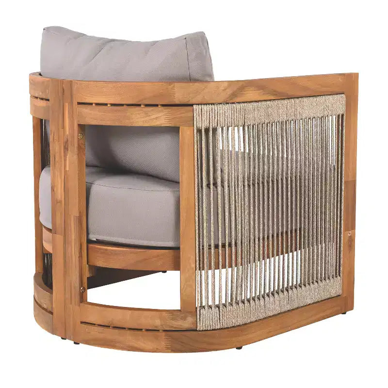 Acacia Wood Outdoor Club Chair with Curved Tub Design, Woven Rope Accents, Water-Resistant Cushions, Slat Construction for Patio or Garden