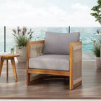 Acacia Wood Outdoor Club Chair with Curved Tub Design, Woven Rope Accents, Water-Resistant Cushions, Slat Construction for Patio or Garden