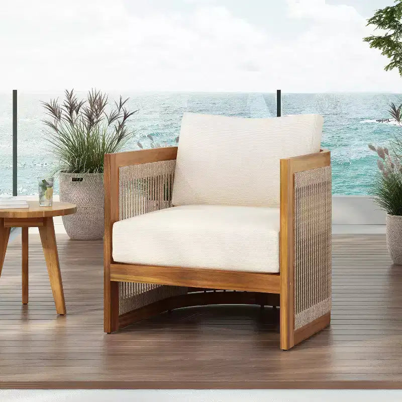Acacia Wood Outdoor Club Chair with Curved Tub Design, Woven Rope Accents, Water-Resistant Cushions, Slat Construction for Patio or Garden