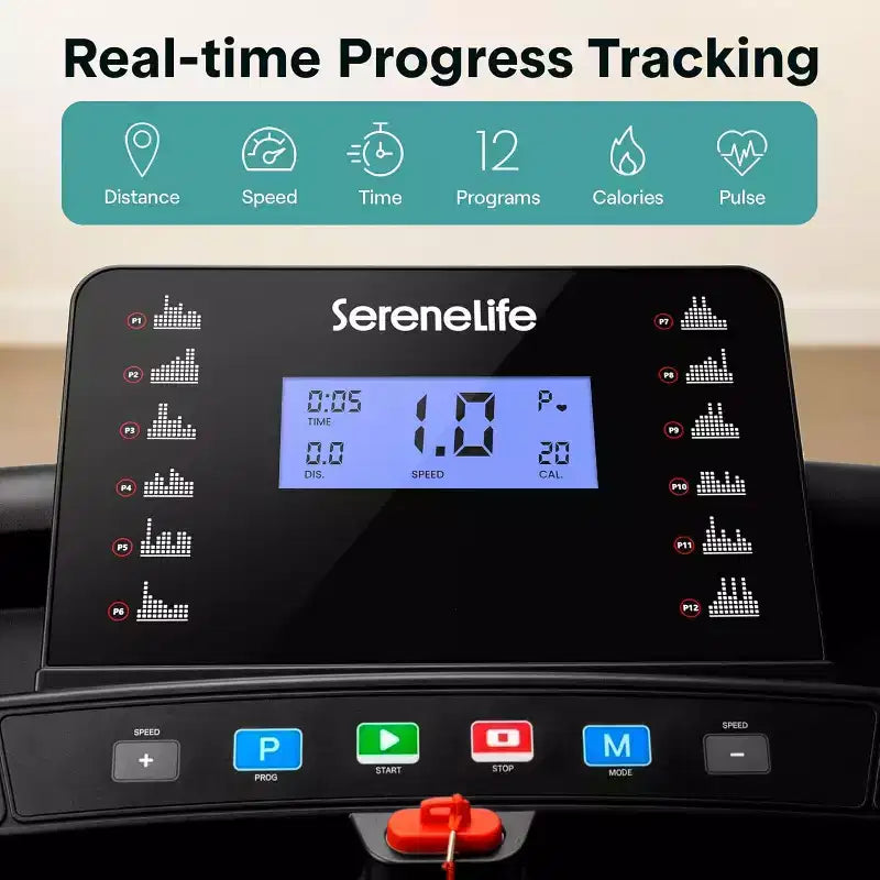 SereneLife Portable Folding Treadmill with Adjustable Incline & 12 Pre-set Workout Programs