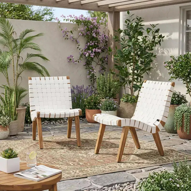 ModernLuxe Acacia Wood Outdoor Lounge Chairs, Patio Rope Weave Accent Chair with Sunken Ergonomic Contour - Set of 2