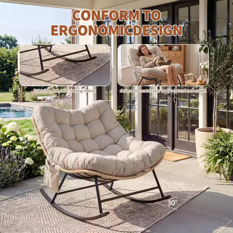Outdoor Rocking Chair with Thick Cushion, 450 Lbs Heavy Duty Metal Frame, Water-Resistant Indoor/Outdoor Lounge Chair for Patio, Garden & Living Room