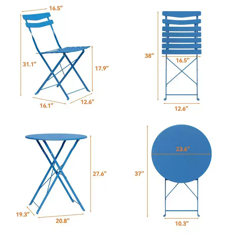 3-Piece Foldable Patio Bistro Chair Set, Rustproof Steel Frame, Space Saving Indoor Outdoor Table and Chairs for Balcony Porch
