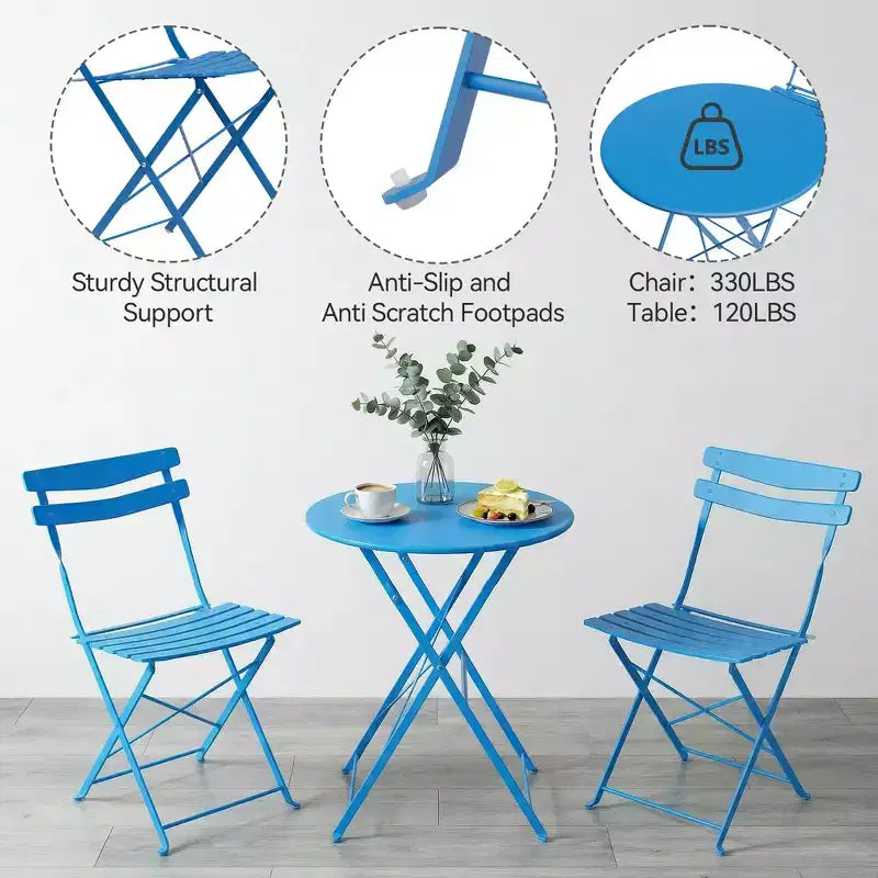 3-Piece Foldable Patio Bistro Chair Set, Rustproof Steel Frame, Space Saving Indoor Outdoor Table and Chairs for Balcony Porch
