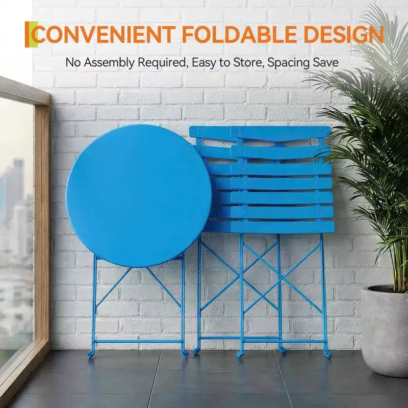 3-Piece Foldable Patio Bistro Chair Set, Rustproof Steel Frame, Space Saving Indoor Outdoor Table and Chairs for Balcony Porch