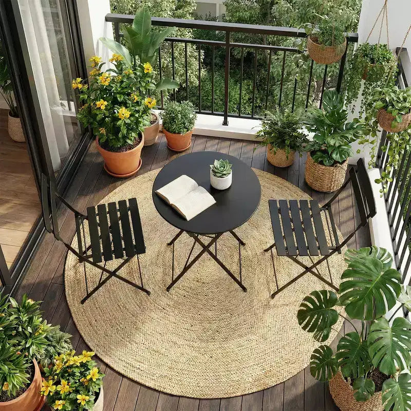 3-Piece Foldable Patio Bistro Chair Set, Rustproof Steel Frame, Space Saving Indoor Outdoor Table and Chairs for Balcony Porch