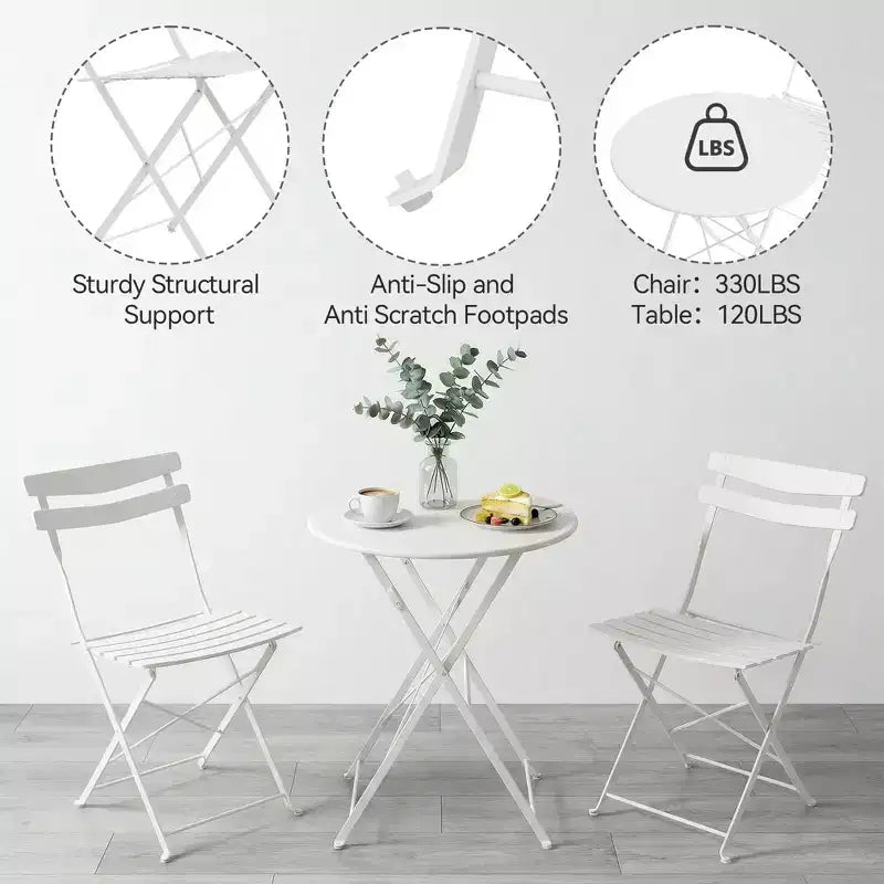 3-Piece Foldable Patio Bistro Chair Set, Rustproof Steel Frame, Space Saving Indoor Outdoor Table and Chairs for Balcony Porch