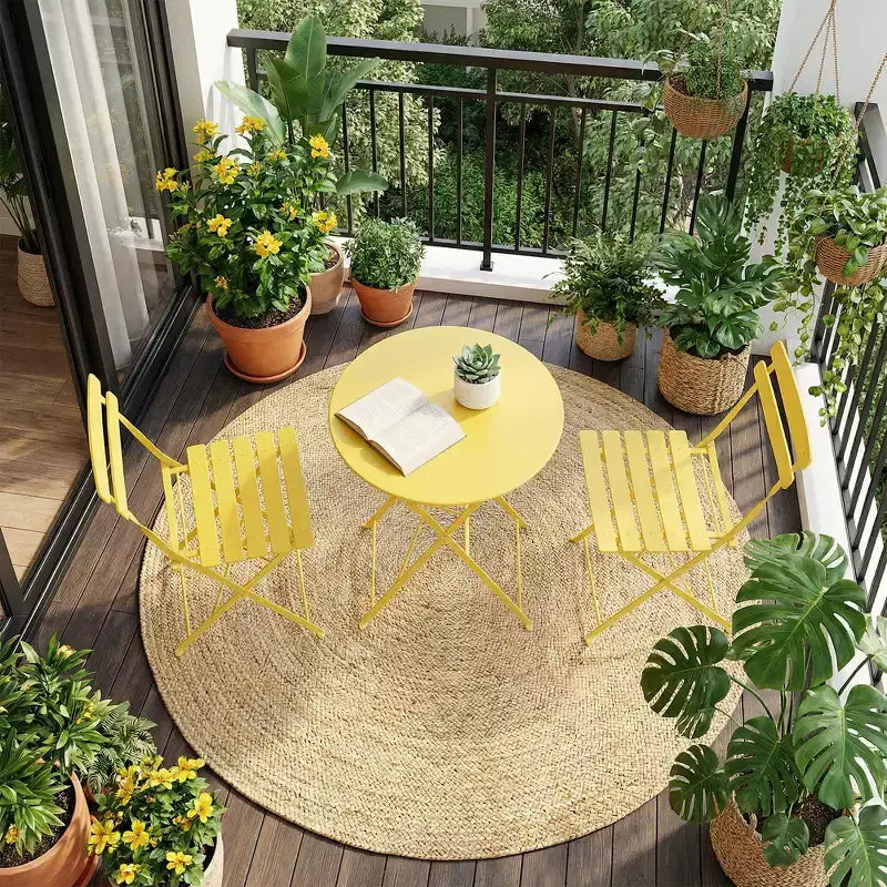 3-Piece Foldable Patio Bistro Chair Set, Rustproof Steel Frame, Space Saving Indoor Outdoor Table and Chairs for Balcony Porch