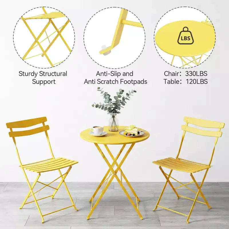 3-Piece Foldable Patio Bistro Chair Set, Rustproof Steel Frame, Space Saving Indoor Outdoor Table and Chairs for Balcony Porch