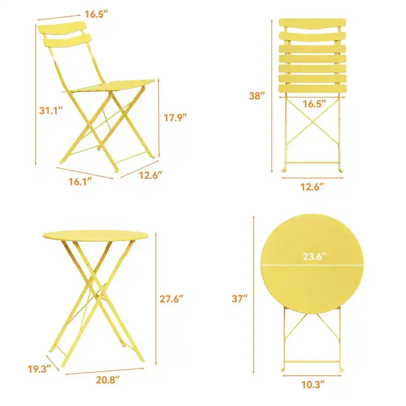 3-Piece Foldable Patio Bistro Chair Set, Rustproof Steel Frame, Space Saving Indoor Outdoor Table and Chairs for Balcony Porch
