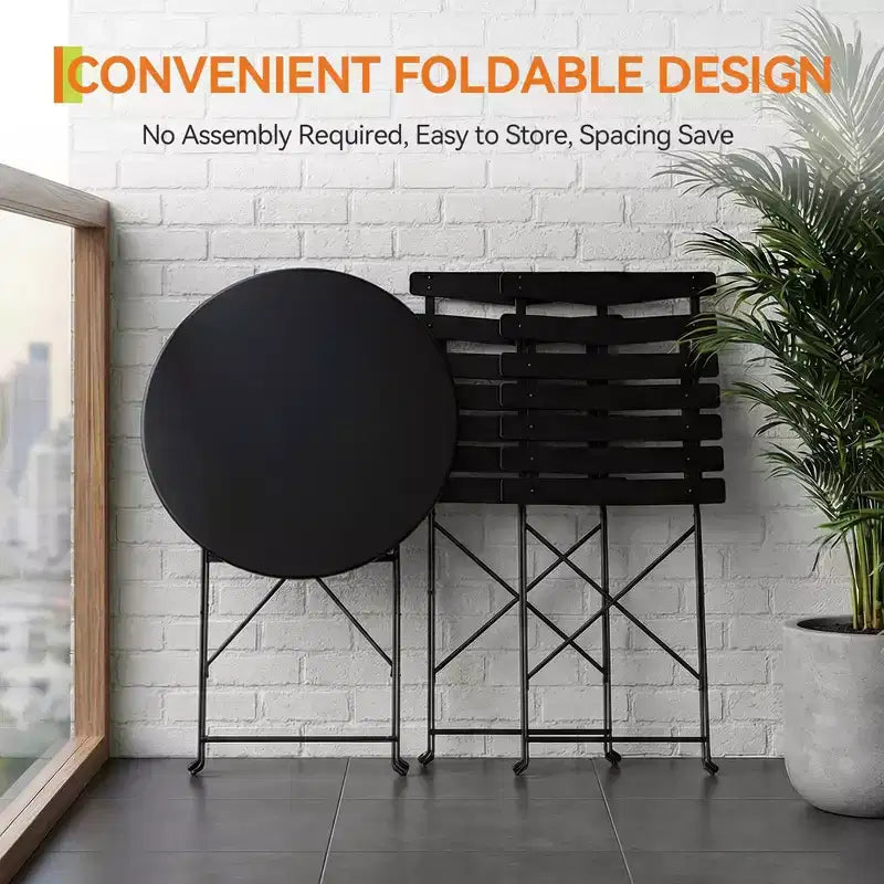 3-Piece Foldable Patio Bistro Chair Set, Rustproof Steel Frame, Space Saving Indoor Outdoor Table and Chairs for Balcony Porch