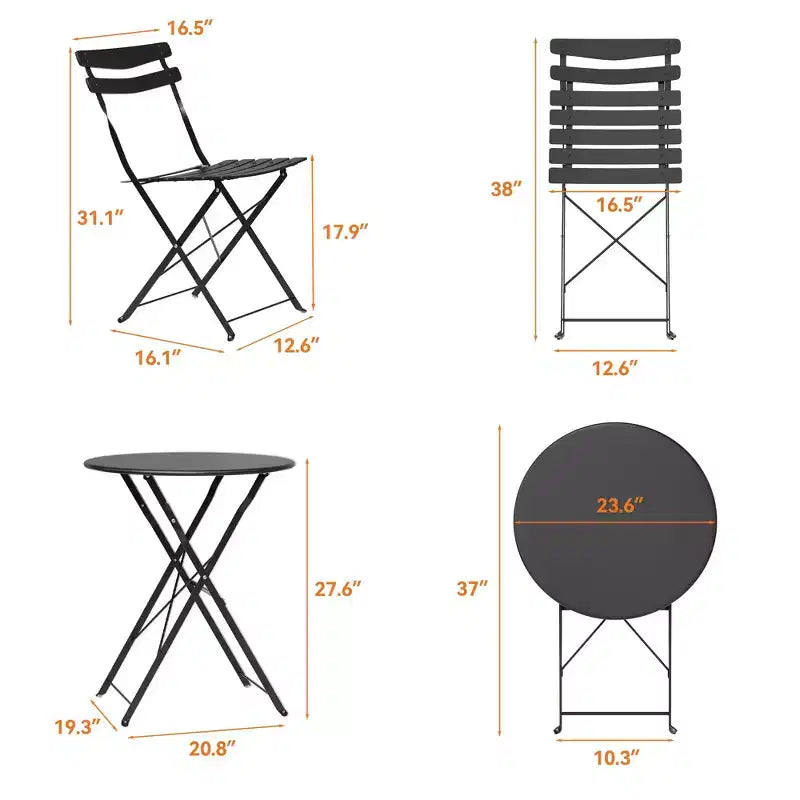 3-Piece Foldable Patio Bistro Chair Set, Rustproof Steel Frame, Space Saving Indoor Outdoor Table and Chairs for Balcony Porch