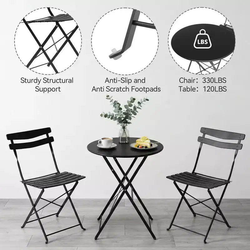 3-Piece Foldable Patio Bistro Chair Set, Rustproof Steel Frame, Space Saving Indoor Outdoor Table and Chairs for Balcony Porch