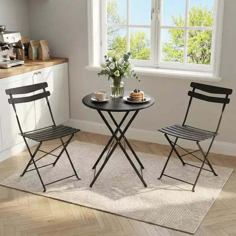 3-Piece Foldable Patio Bistro Chair Set, Rustproof Steel Frame, Space Saving Indoor Outdoor Table and Chairs for Balcony Porch