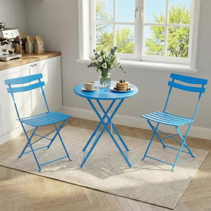 3-Piece Foldable Patio Bistro Chair Set, Rustproof Steel Frame, Space Saving Indoor Outdoor Table and Chairs for Balcony Porch
