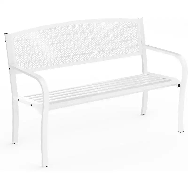 50 Outdoor Metal Garden Bench, Patio Steel Bench with Curved Backrest, Decorative Pattern, Weather-Resistant Porch Bench for Yard, Park, Backyard