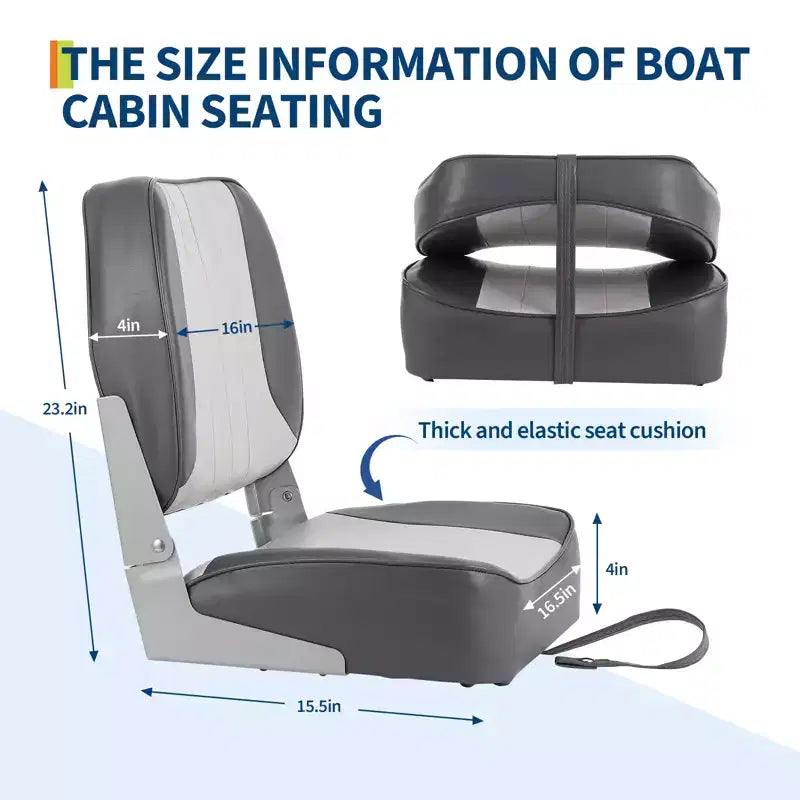 2-Pack Low Back Folding Boat Seats, Waterproof Marine Fishing Seats with 4 Thick Cushion for Bass Boat, Tracker Boat, Pontoon, and Speedboat