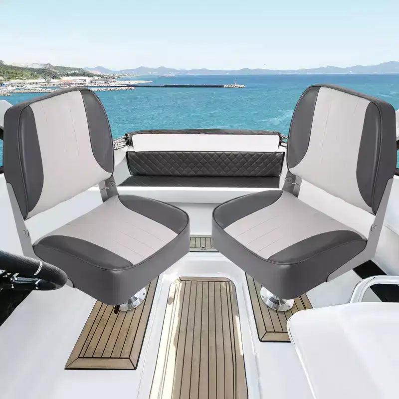 2-Pack Low Back Folding Boat Seats, Waterproof Marine Fishing Seats with 4 Thick Cushion for Bass Boat, Tracker Boat, Pontoon, and Speedboat