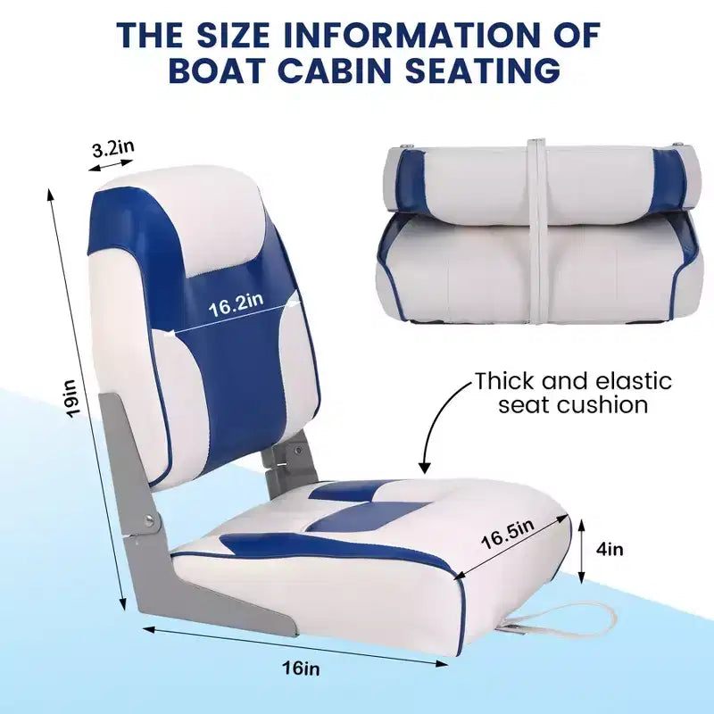 2-Pack Low Back Folding Boat Seats, Waterproof Marine Fishing Seats with 4 Thick Cushion for Bass Boat, Tracker Boat, Pontoon, and Speedboat