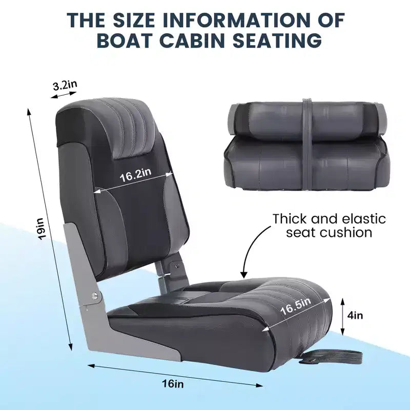 2-Pack Low Back Folding Boat Seats, Waterproof Marine Fishing Seats with 4 Thick Cushion for Bass Boat, Tracker Boat, Pontoon, and Speedboat
