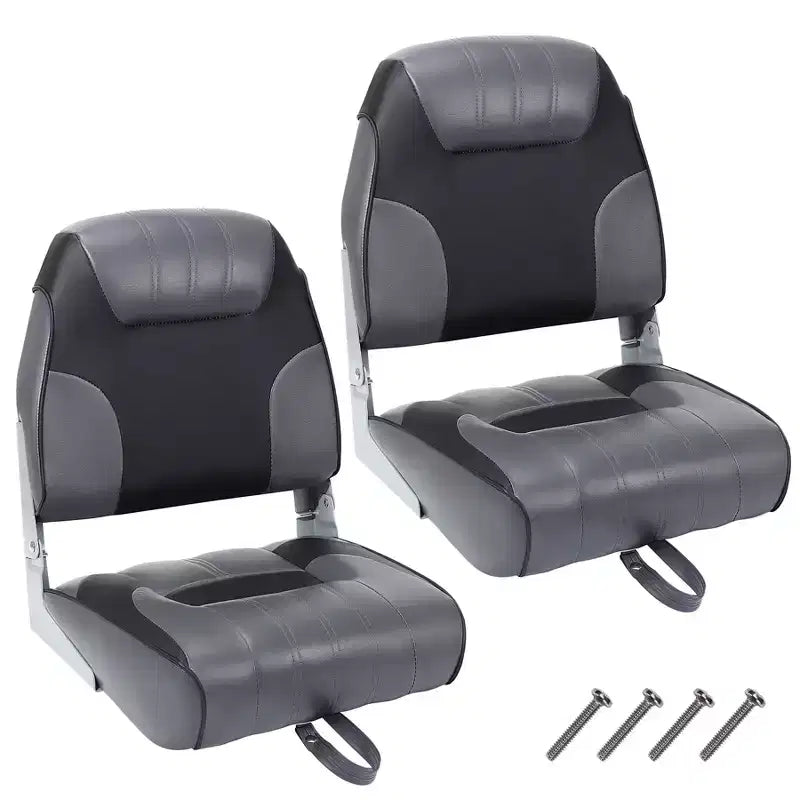 2-Pack Low Back Folding Boat Seats, Waterproof Marine Fishing Seats with 4 Thick Cushion for Bass Boat, Tracker Boat, Pontoon, and Speedboat