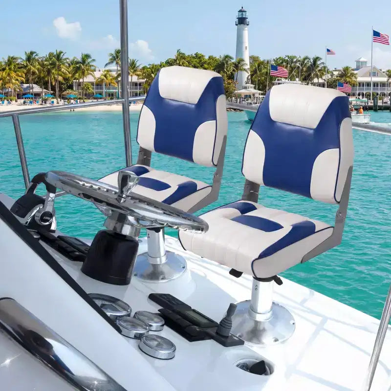 2-Pack Low Back Folding Boat Seats, Waterproof Marine Fishing Seats with 4 Thick Cushion for Bass Boat, Tracker Boat, Pontoon, and Speedboat
