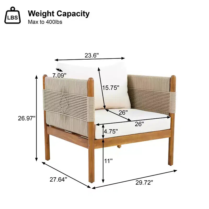 ModernLuxe Set of 2 Patio Accent Chair Dining Chair Rope Outdoor Club Chair Single Lounge Chair Armchair with Soft Cushion & Weather-Resistant Frame