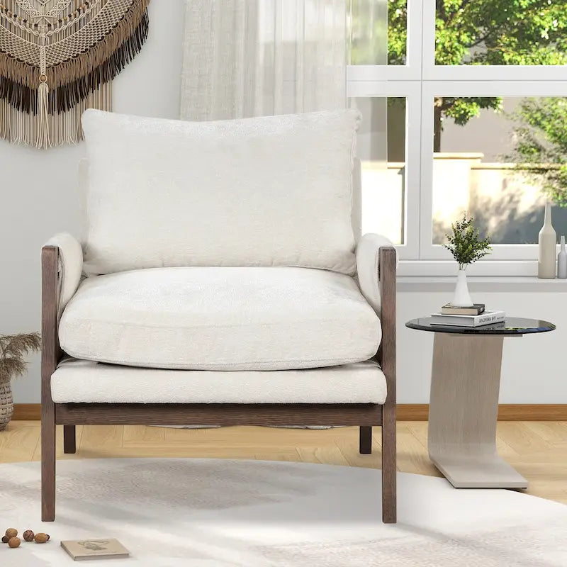 Fauteuil en velours blanc 35.4 avec cadre en bois d'hévéa