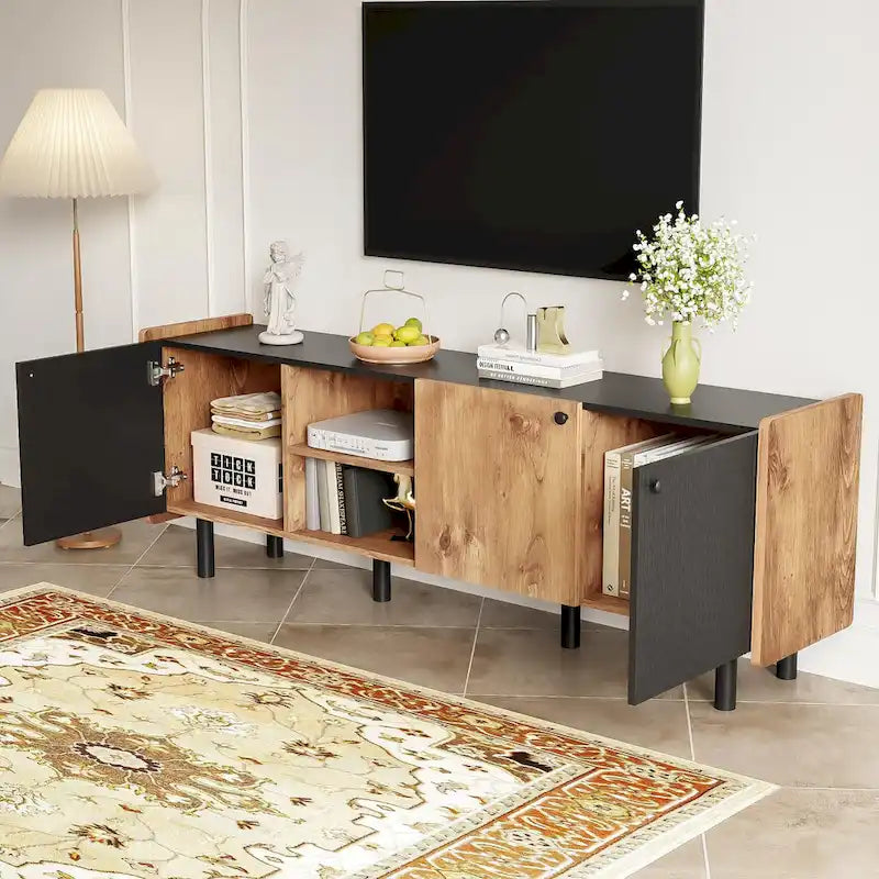 Mid Century TV Stand with 3 Cabinets, Media Console Table for TVs up to 70, Entertainment Center with Storage
