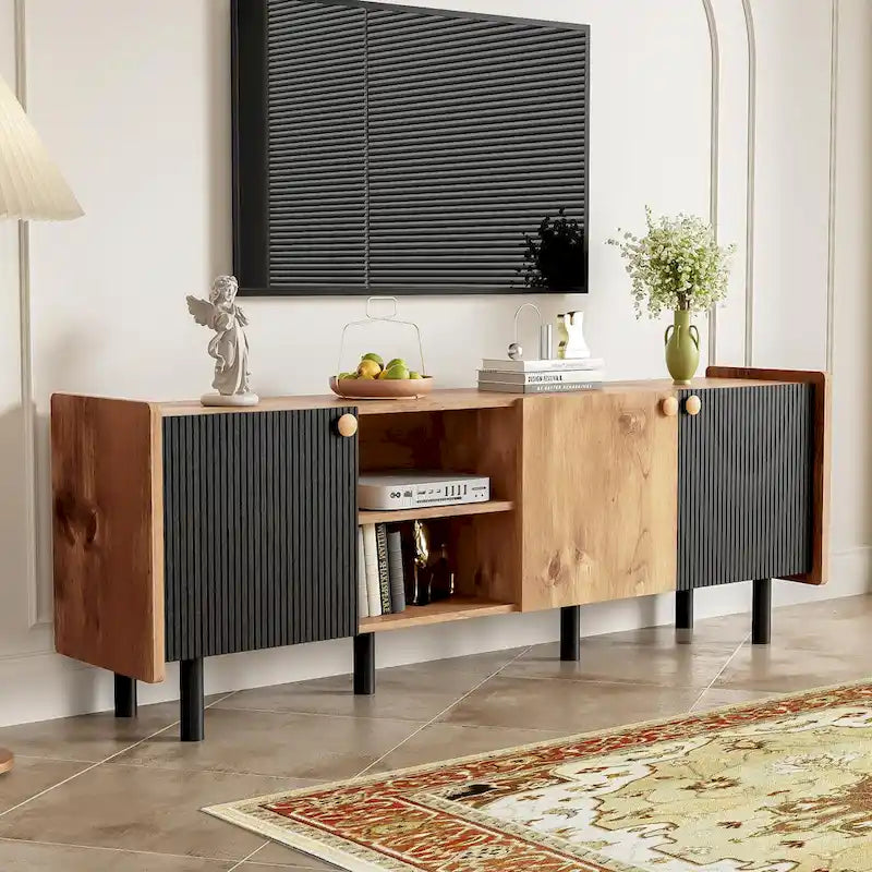 Mid Century TV Stand with 3 Cabinets, Media Console Table for TVs up to 70, Entertainment Center with Storage