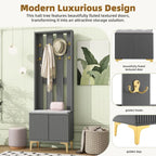 4-in-1 Hall Tree with Cushion, Coat Rack with 8 Gold Hooks and Legs, Entryway Bench with Adjustable Shelves & Fluted Doors