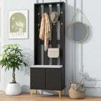 4-in-1 Hall Tree with Cushion, Coat Rack with 8 Gold Hooks and Legs, Entryway Bench with Adjustable Shelves & Fluted Doors