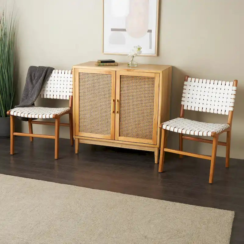 Chaises de salle à manger tressées faites à la main en cuir avec cadre en bois de teck - Lot de 2 Marron, Blanc ou Noir - Roche River Decor