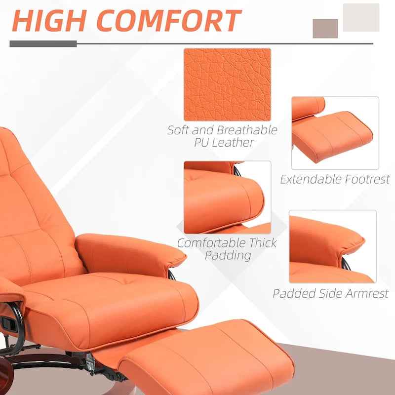 Faux Leather Manual Swivel Recliner Chair with Footrest, Armrest and Wrapped Wood Base