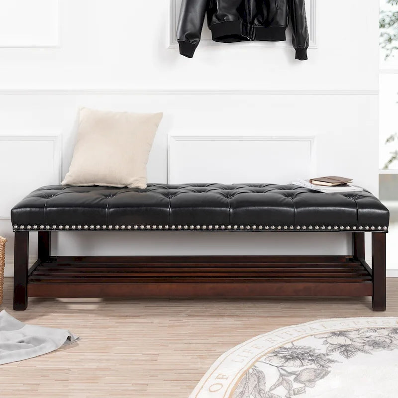 Tufted Upholstered End of Bed Bench with Nailhead Trim and Shelf