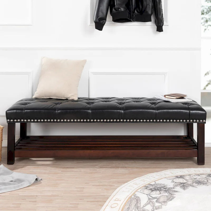 Tufted Upholstered End of Bed Bench with Nailhead Trim and Shelf