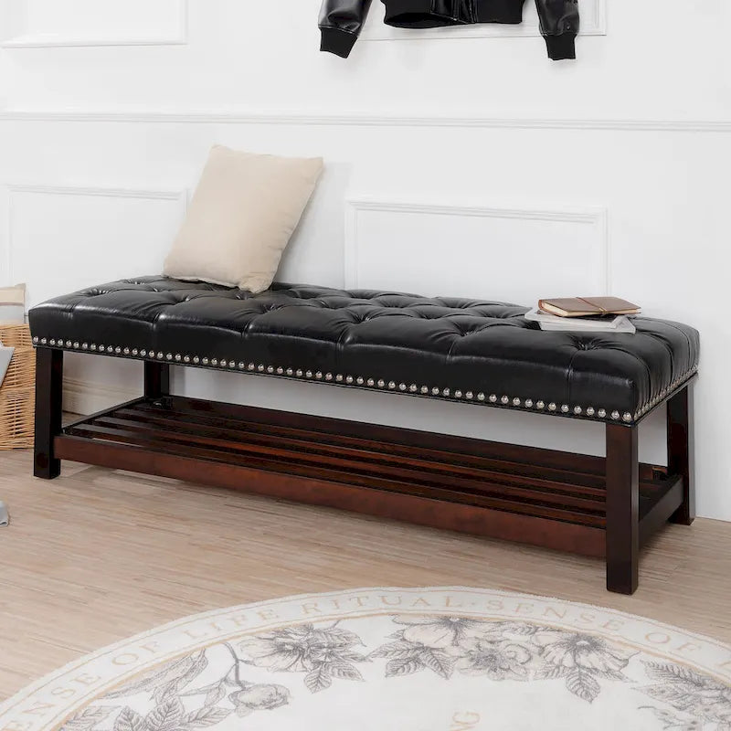 Tufted Upholstered End of Bed Bench with Nailhead Trim and Shelf