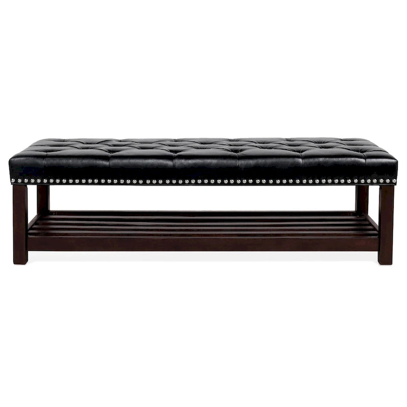 Tufted Upholstered End of Bed Bench with Nailhead Trim and Shelf